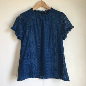 Cable & Gauge Peacock Blue Lacy Mock Neck Coquette Top Medium